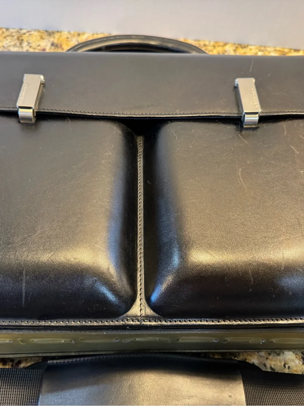 Black Leather Laptop Briefcase with Shoulder Strap